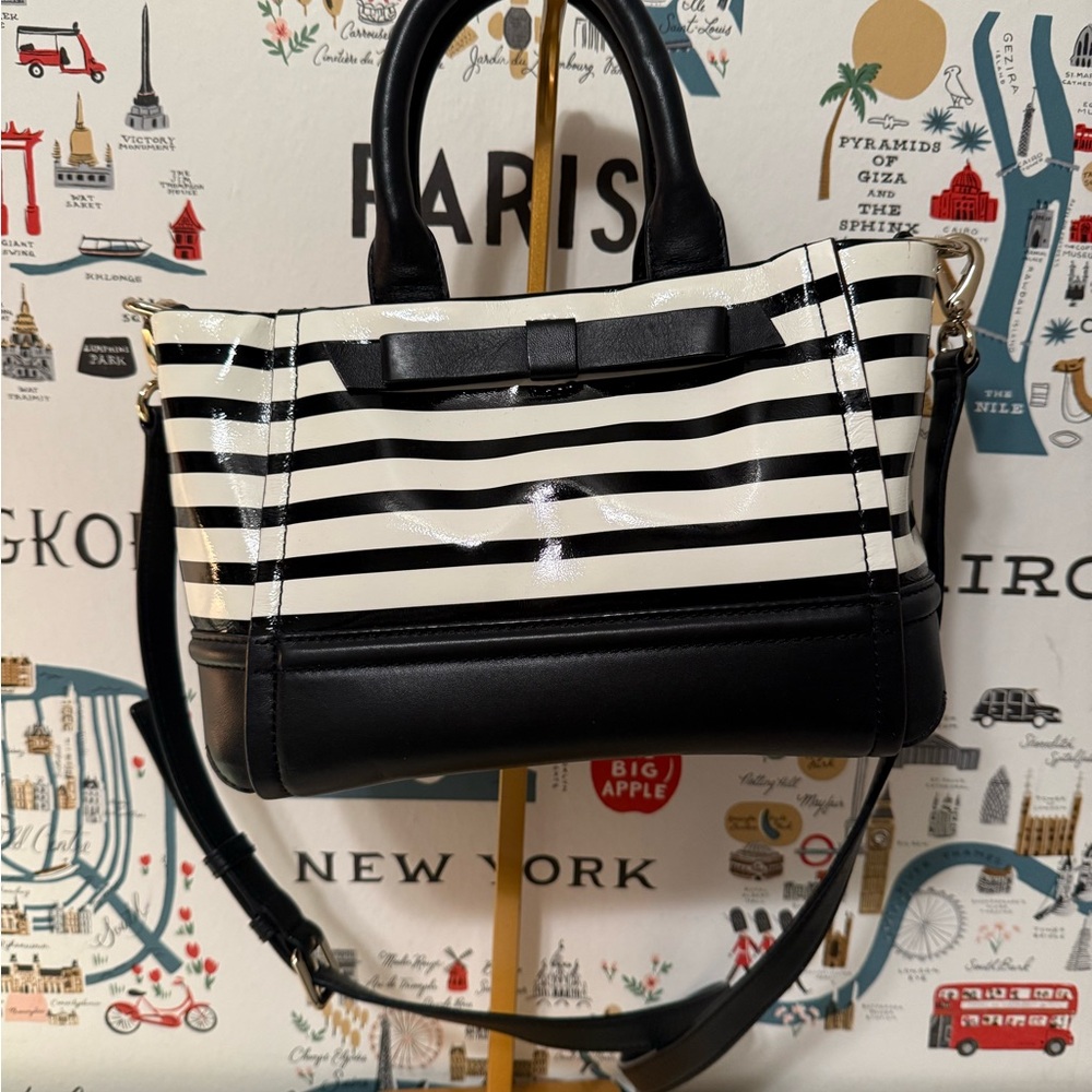 kate spade Black and White Striped Satchel with Bow Accent